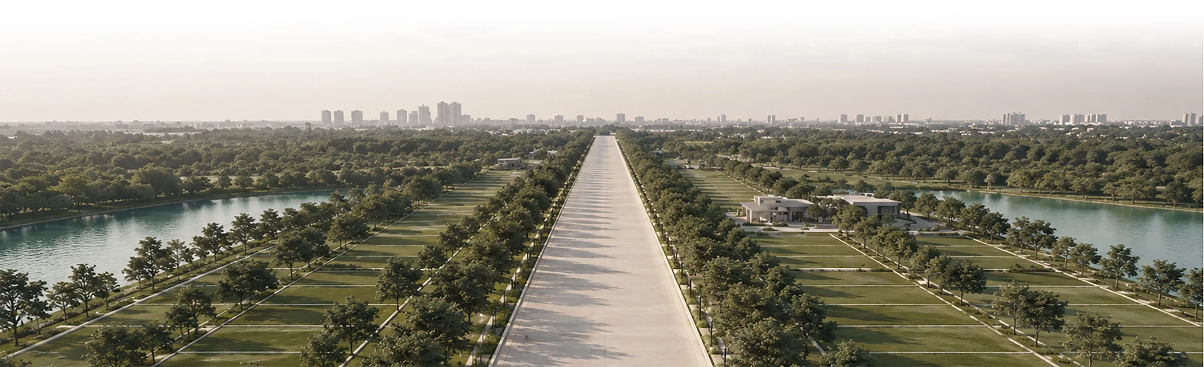 Aerial view of the tree-lined avenue, lake and plotted landscape