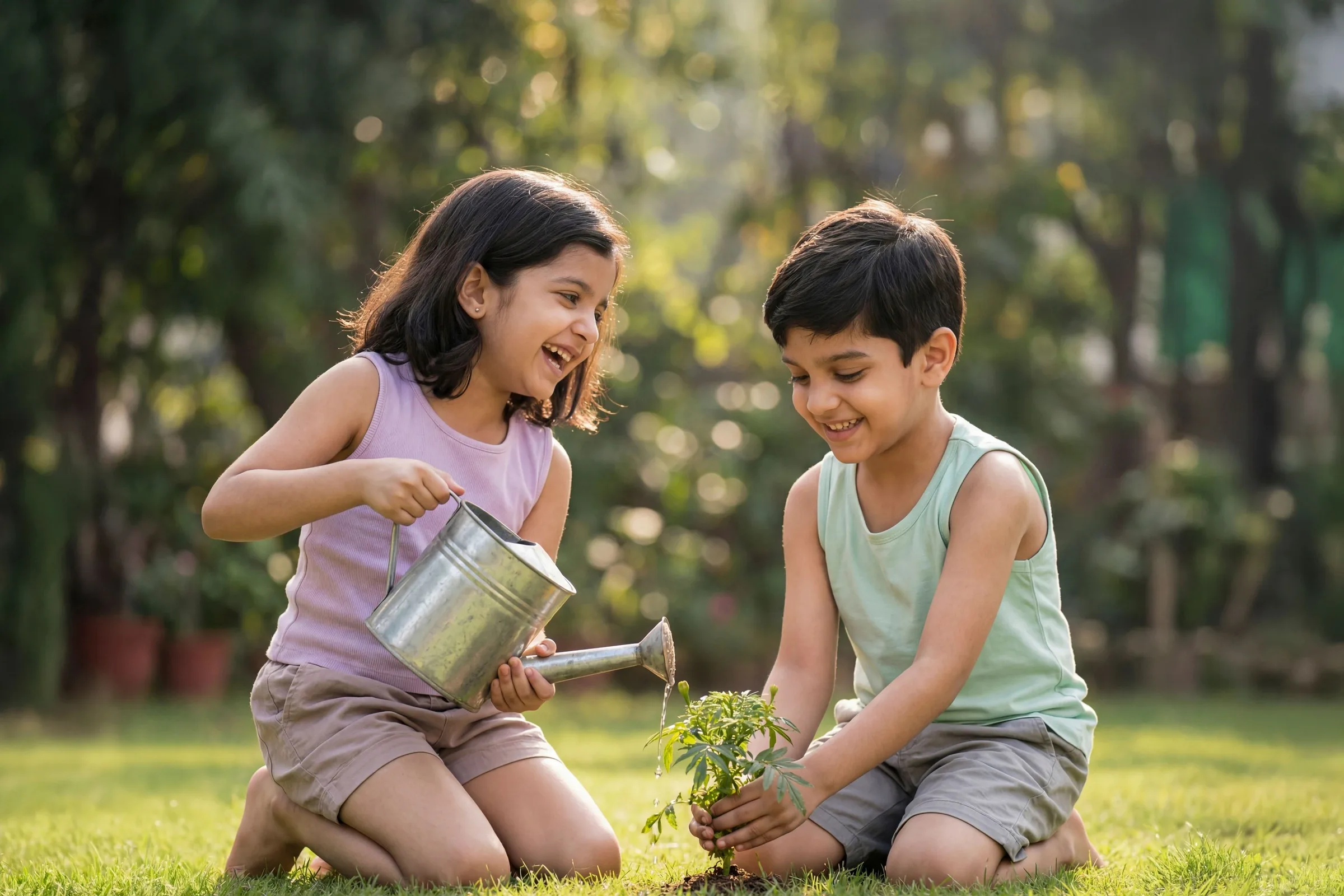 Two children tending a young plant in a garden