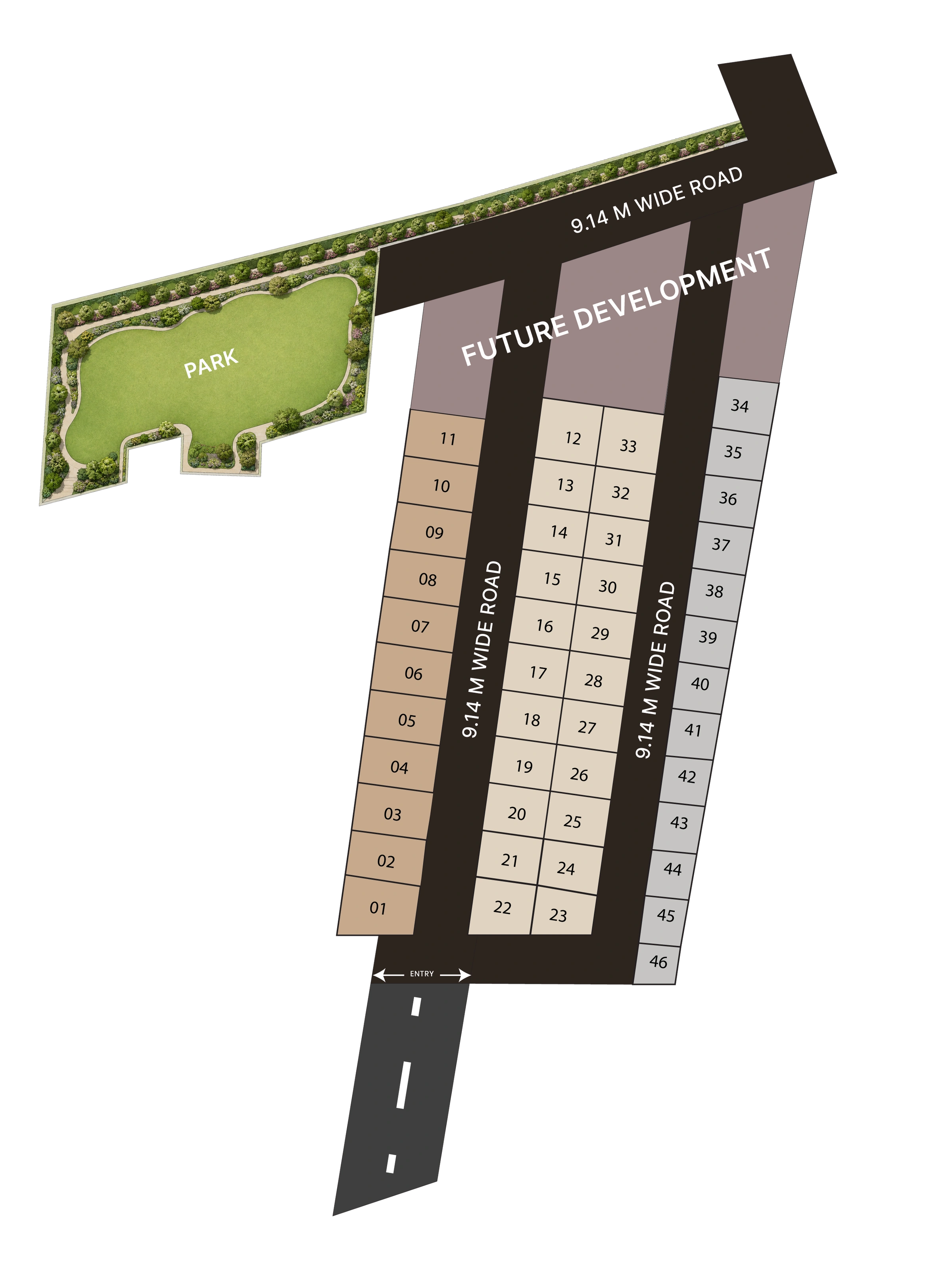 Original detailed plan showing plots 01 to 46, park, entry and 9.14 metre roads